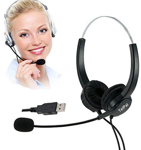 TelPal Corded Hands-Free Call Center Noise Cancelling Binaural USB Headset Headphones with Mic/Microphone - Cord with USB Plug, Volume Control- for Computer/PC/Laptop Use Only