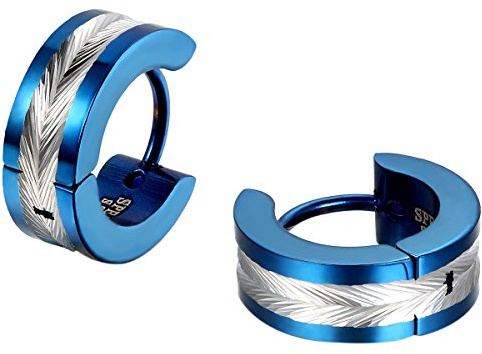 JewelryWe Bijoux Boucles d'oreilles Homme Forme Plume Anneaux à Charnière Bling Bling Acier Inoxydable Fantaisie Couleur Argent Bleu