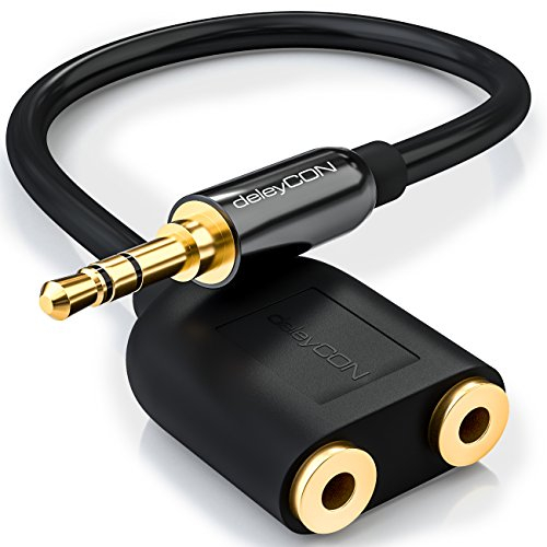 deleyCON PREMIUM HQ Stereo Audio Klinken Adapter - 2x 3,5mm Klinken Buchse zu 1x 3,5mm Klinken Stecker - METALL - vergoldet