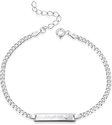 MATERIA 925 Silber ID-Armband mit Gravur - Armkettchen mit Gavurplatte Herz für Damen 18-23cm SA-15-Schrifttyp 13
