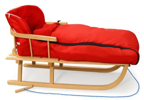 Holzschlitten Kinderschlitten Rodelschlitten Schlitten Klassischer aus Buchenholz mit Rückenlehne mit Winterfußsack aus Holz 108cm | 10 Farben (Rot)