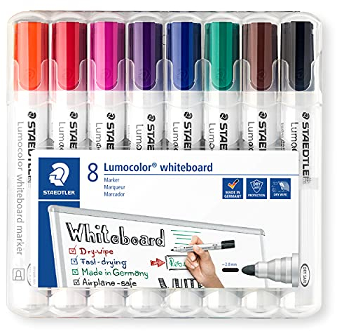 STAEDTLER Whiteboard-Marker Lumocolor, trocken und rückstandsfrei abwischbar von Whiteboards, ca. 2 mm Linienbreite, hohe Qualität, Rundspitze, Set mit 8 Farben, 351 WP8