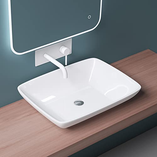 Mai & Mai Bathroom Sink Basin Countertop Wash Basin | Ceramic White Rectangular | WDH: 59x43x12cm | Modern Design Bathroom Vessel Sink | Nano-Coating Brüssel102