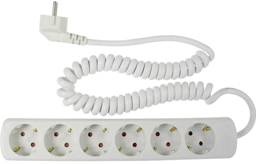 as - Schwabe 6-Fach Steckdosenleiste weiß 230 V / 16 A - Wandmontage | Mehrfachstecker mit 2,5 m Spiralkabel & Berührungsschutz - Steckdosen 45° gedreht - Mehrfachsteckdose Indoor - IP20, 11461