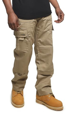 SITE KING Mens Multi Pocket Cargo Work Trousers Premium Action Trousers with Knee Pad Pockets (34 Waist / 29 Short Leg, Khaki/Sand)