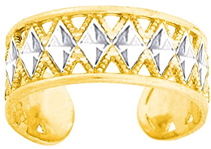 Zehenring aus 14k Weiß- und Gelbgold, Diamantschliff und Milgrain-Design, verstellbar, 6 mm