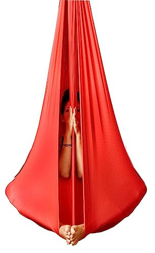 Wellsem Deluxe Yoga-Schaukel – L: 4,5 m B: 3 Yard Aerial Hammock Seidenstoff für Bodybuilding (5 m x 2,8 m) (rot)