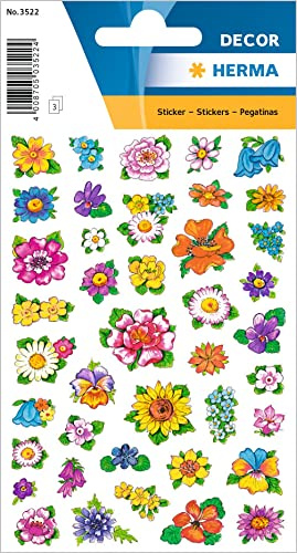 HERMA 3522 Aufkleber Blumen klein groß, 123 Stück, Pflanzen Sticker mit Blumenköpfe Motiv, Kinder Etiketten für Fotoalbum Tagebuch Poesiealbum Scrapbooking Geburtstag Dekoration Briefe DIY Basteln