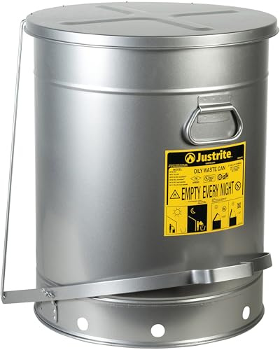 Justrite SoundGuard Steel Oily Waste Bin mit fußbetätigtem Deckel, 80 L, Silber | Geräuschreduziert, Volumen 80 l