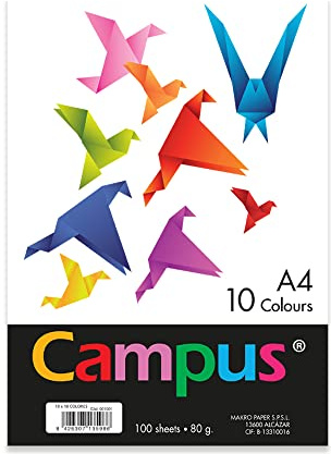 Campus - Papel de Colores A4 100 Unidades, 80g/m², 210 x 297 mm. Papeles A4 de colores con tacto suave, perfectas para encuadernación, oficina, dibujo y manualidades. 10 colores Diferentes
