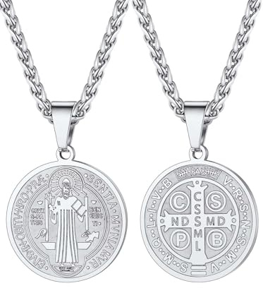 U7 Colgante Medalla San Benito Collar Hombre con Catena Spiga 50+5cm | Acero Inoxidable 316L Collar Colgante Hombre Mujer de Cruz de San Benito Joyería Religiosa