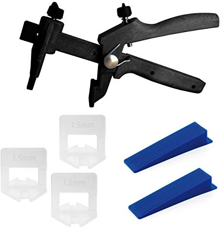Lantelme Set 1,5mm Fliesen Fugenbreite mit 100 Stück Zuglaschen und 50 St Keile und 1 Zange Fliesennivelliersystem