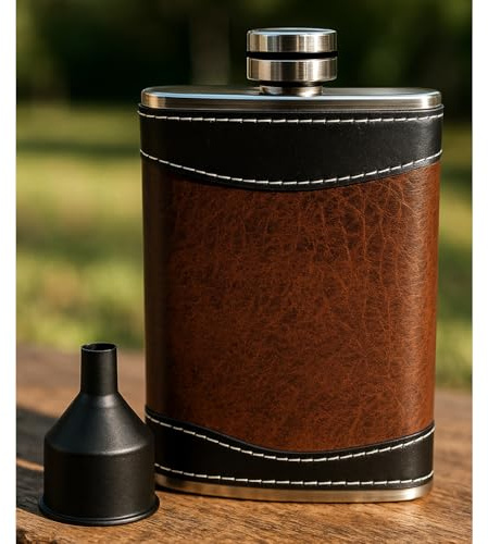 Flasks for liquor for Men, 8oz Heavy Duty Hip Flask with Funnel, Black and Brown, Gift boxed