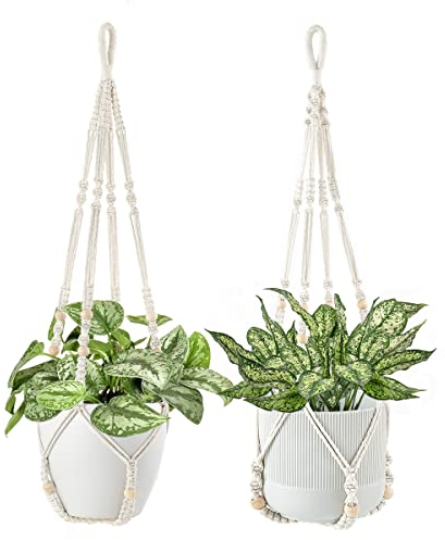 Mkouo Macrame Plant Hanger Hanging Plant Pot Holder Cotton Rope Hanging Planter Basket with Key Ring and Boho Beads Home Decor for Indoor Outdoor Balcony Ceiling Supplies 89cm