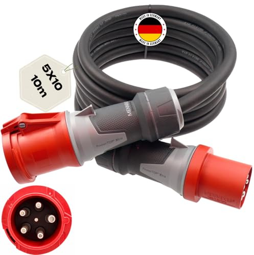 netbote24 Starkstromkabel 63A 10m H07RN-F 5x10 Starkstrom Verlängerungskabel CEE Verlängerung 63 Ampere Kabel 5x10mm2 Baustelle Werkstatt Industrie Geeignet Outdoor IP44 Spritzwassergeschütz