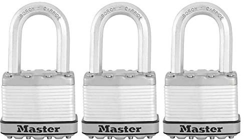 MASTER LOCK Pack of 3, Heavy Duty Padlocks, Security Level 9/10, Outdoor, Keyed, Laminated Steel, Weatherproof, Medium Shackle