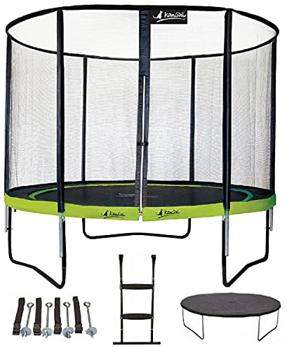 Kangui - Trampoline PUNCHI ALOE + échelle + couverture de propreté et kit d'ancrage - Vert et noir - Ø300cm - 360cm - 430cm