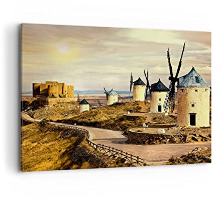 Bilder auf Leinwand 100x70cm Leinwandbild Windmühle andalusien landschaft Groß Wanddeko Bild Schlafzimmer Deko Wandbilder Dekoration Wohnzimmer Wall Decor Canvas Wand Kunstdruck Art AA100x70-2729