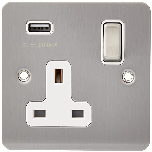AET USBFSC1GSOCWC Satin Chrome Flat 1 Gang w Charging Port White Insert Metal Rocker Switch-13 Amp Single Plug Socket & USB Power Outlet