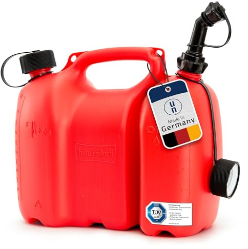 hünersdorff PROFI Doppelkanister / Kombikanister für Kraftstoff und Öl mit Kindersicherung und Auslaufrohr, 6 + 3 Liter, rot, UN-Zulassung, Made in Germany