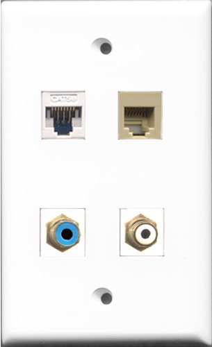 RiteAV 1 Port RCA Weiß und 1 Port RCA Blau und 1 Port Telefon RJ11 RJ12 Beige und 1 Port Cat5e Ethernet Wandplatte Weiß