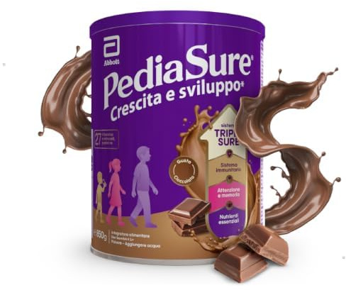 PEDIASURE Crescita e Sviluppo, Integratore Alimentare per Bambini da un anno in su, Multivitaminico con 27 Vitamine e Minerali e Proteine, Confezione 850g, gusto Cioccolato