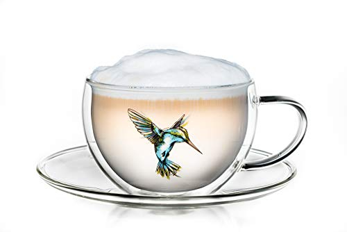 Creano 1 Tazza con piattino Termica Doppia Parete 250ml con Motivo Colibrì - Bicchiere Vetro Borosilicato Stampa Uccello blu – Coppa Termica Latte Macchiato Tè Ideale Regalo - 1x 250ml