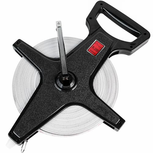 Champion Sports Open Reel Measuring Tapes – Durable Hand Crank with Metal Spike, Dual-Sided Feet & Meters, Perfect for Track & Field and Long Jump, 300 Feet/90 Meters