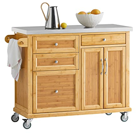 SoBuy Kücheninsel auf Rollen Servierwagen mit Rollen Küchenwagen mit Edelstahl-Arbeitsplatte Rollwagen mit Schubladen Barwagen für Küche, Esszimmer, Frühstücksbar Natur 115x92x46cm FKW70-N