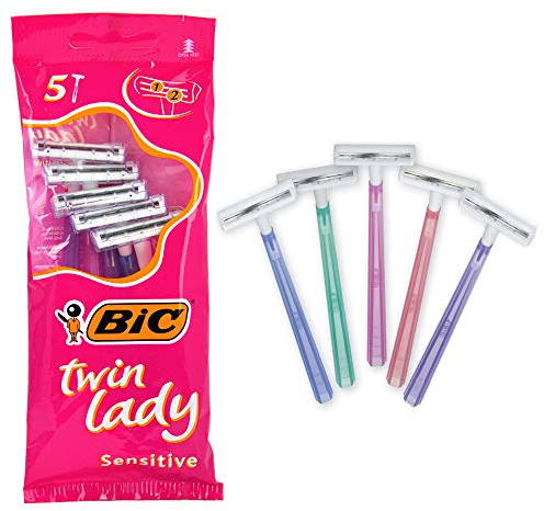 Bic Twin Lady Sensitive Rasierer, 5 Packungen mit je 5 (insgesamt 25 Stück) Einwegrasierer – mit zwei Klingen für eine gründliche und präzise Rasur