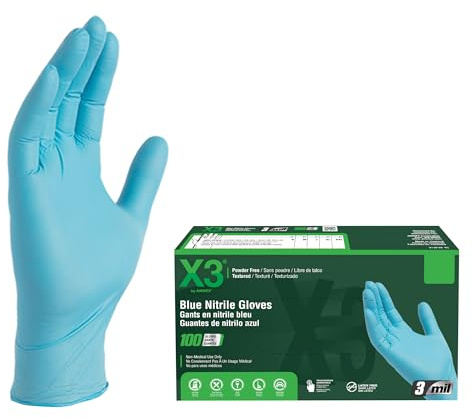 X3 Industrial Blue Nitrile Gloves, Box of 100, 3 Mil, Size XX-Large, Latex Free, Powder Free, Textured, Disposable, Non-Sterile, Food Safe, X349100BX