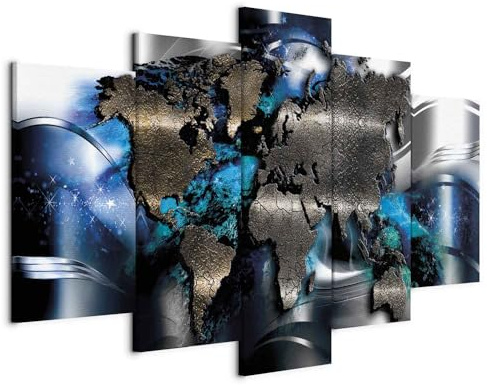 Cuadros B&D XXL - Leinwandbild Kontinente World Map, 200x100 cm, 5-teilig | Hochwertige Leinwand, sofort aufhängbar, ideal fürs Wohn- oder Schlafzimmer, wasserfest und lichtecht, langlebig, stilvoll