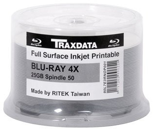 Traxdata Blank BluRay BD-R Full Face White Inkjet Printable 4x 25Gb - 50 Spinde