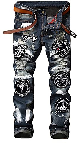 Enrica Men's Ripped Distressed Slim Fit Biker Jeans with Patches,Blue, 32