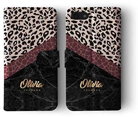 Tirita Personalised Custom Wallet Flip Phone Case Compatible with iPhone 7/8 / SE 2020 / SE 2022 PRINTED GLITTER, NOT REAL GLITTER Animal Print Leopard Cheetah Snake Tiger