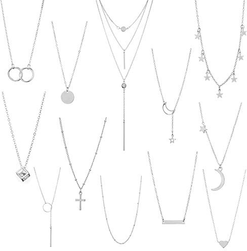 Starain 12Pcs Layered Choker Necklace Fashion Multilayer Chain Necklace Simple Silver Necklace Set for Women