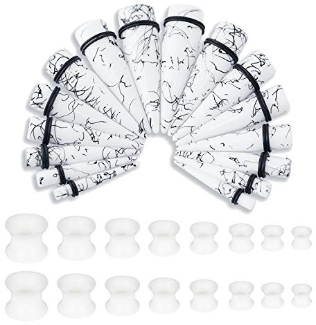 Crdifu 32 Stück Ohr Dehnstäbe Set (Ohrdehner & Ohrtunnel), Acrylic Dehnungstab & Silikon Tunnel, 6-20mm Großes Dehnset, Schwarz Weiß Ohr Expander Piercing, Ear Streching Kit