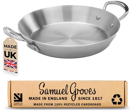 Samuel Groves 26cm Stainless Steel 3-Ply Paella Pan – Rapid Heat Distribution, Durable Design, Riveted Handles, Induction Compatible, UK Made