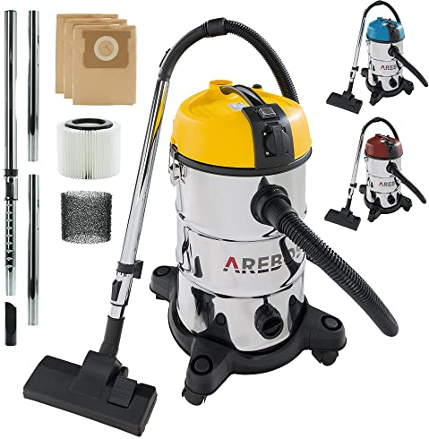 AREBOS Aspirapolvere industriale 1300 W secco e umido 30 L | Bidone aspiratutto e aspiracenere | Adatto per polvere, liquidi e pulizia auto | Giallo