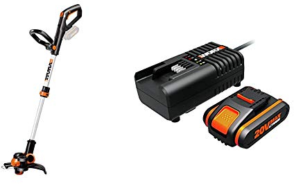 Worx WG163E.9 Decespugliatore Tagliabordi a Batteria & WA3601 Kit 1 Carica Batteria Rapido + 1 Batteria Power Share 20V/2.0Ah agli Ioni di Litio