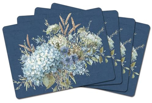 Cala Home Bohemian Blue Premium Decorative Hardboard Tabletop Placemats 4 Pack Manufactured in The USA Artistic Easily Wipes Clean
