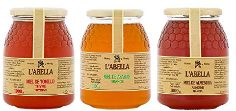 L'Abella Mel - Pack de 3 tipos de miel (3kg) - Miel recolectada en España- Miel de almendra, Miel de azahar y Miel de tomillo
