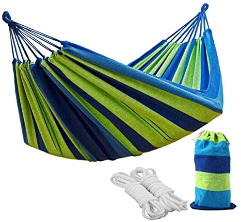 Klassische Langlebige Hängematte Baumwolle Atmungsaktiv Belastbarkeit bis 150-200 kg Tragbare mit Tragetasche (Grün/Blaue Streifen, 80)