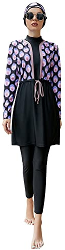 OBEEII Frauen Muslimische Bademode 3 Stück Set Top Kleid und Hose mit Hijab Modest Islamischer Badeanzug Beachwear Naher Osten Badeanzug Burkini Schwarz Lila M