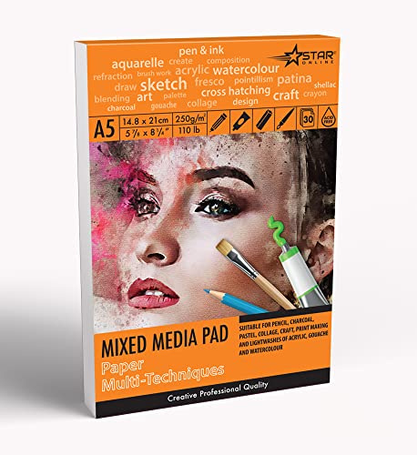 A5 Mixed Media Pad Multi-Techniques 250 GSM Heavyweight Paint Paper of 30 Sheets Natural Coloured Paper, Acid Free - Watercolour ,Print Making, Gouache and Collage.