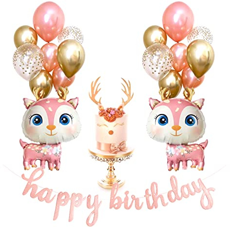 Regendeko Happy Birthday Pink Hirsch Reh Kindergeburtstagsdeko | Tier Geburtstag Mädchen Deko Baby Shower 1.Geburstag Party Deko