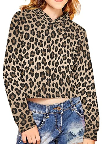 chaqlin Maglietta corta a maniche lunghe per ragazze Hoddie cropped maglioni per bambini carino con cappuccio per bambini da 5 a 14 anni, Stampa leopardata, 11-12 Anni