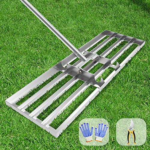 Dremmt - Rastrillo nivelador de césped, 89 x 25 cm, Grado Profesional, Herramienta con Mango de Acero Inoxidable de Alta Resistencia, para Patio, jardín, Campo de Golf, Granja, Pasto