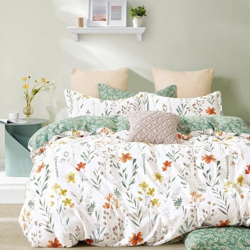 Sedefen Housse de Couette 240x260cm Vert Blanc Feuilles Floral Fleurs Ado Adultes Parure de Lit 2 Personnes avec Fermeture Éclair Housse Couette en Microfibre avec 2 Taies d'oreiller 65x65 cm