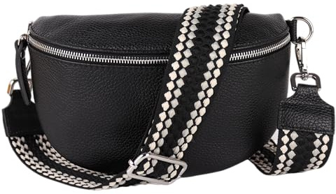 MIRROSI® Bauchtasche Damen, Echtleder, Made in Italy, Umhängetasche, Brusttasche, Crossbody Bag (1 Tasche & 2 Gurte) (Schwarz (Pünkchen Schwarz), Mittelgroße Tasche (25x16x7cm))